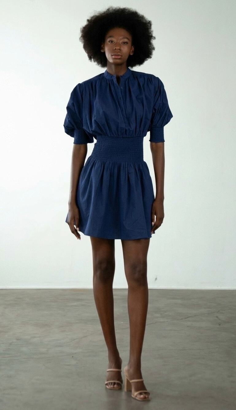 Never a Wallflower Cynthia Mini Dress Blue Cotton Puff Sleeve Full Skirt size XS
